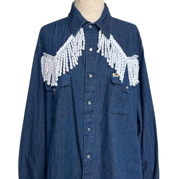 70s vintage fringe denim shirt pointed collar Bar B Western Wear snap button. - Picture 2 of 11